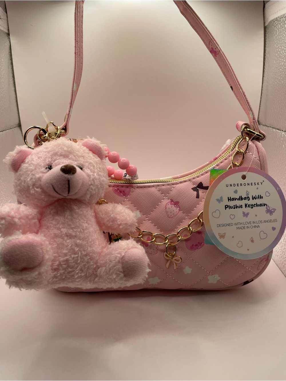 NWT Under One Sky Pink Quilted Strawberry Bag Bear Charm